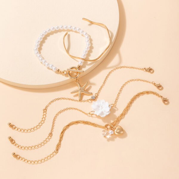 5 Piece Set White Flower Love Starfish Pendant Pearl Bracelet - Image 4