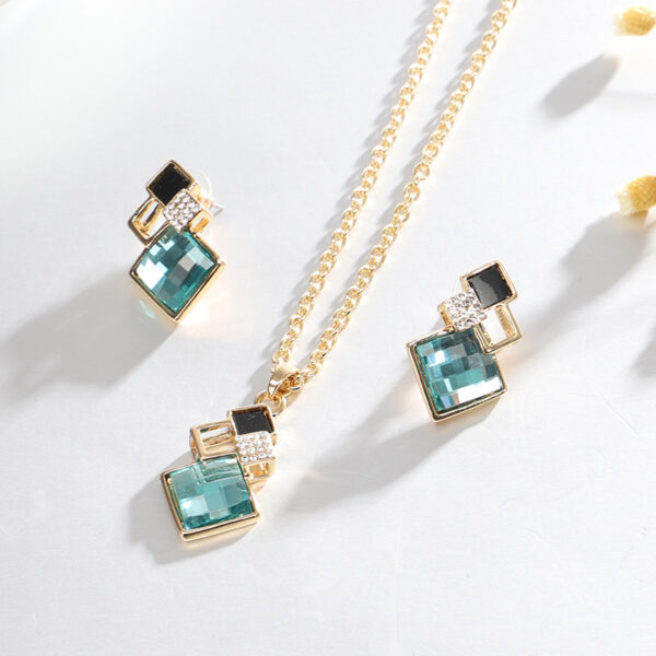 Square Glass Crystal Inlaid Pendant Necklace Earrings Jewelry Set - Image 8
