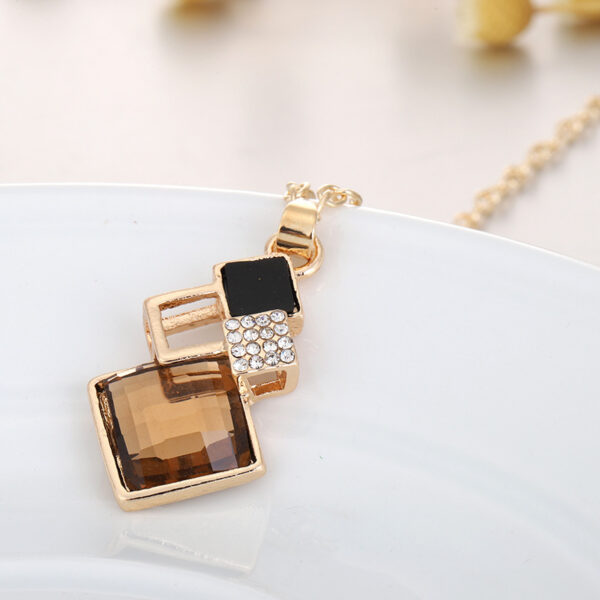 Square Glass Crystal Inlaid Pendant Necklace Earrings Jewelry Set - Image 6