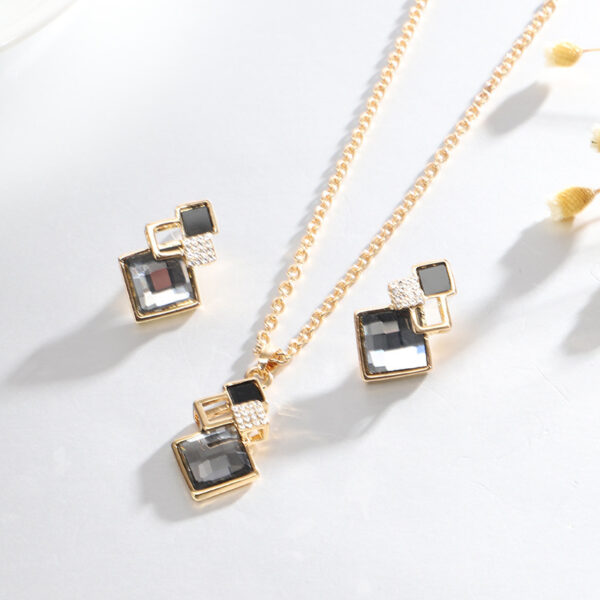 Square Glass Crystal Inlaid Pendant Necklace Earrings Jewelry Set - Image 4