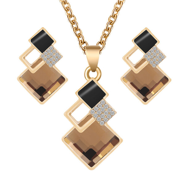 Square Glass Crystal Inlaid Pendant Necklace Earrings Jewelry Set - Image 5