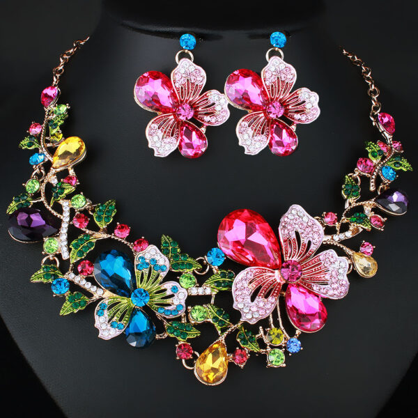 Necklace Exaggerated Colorful Flowers Full Of Diamond Crystal Necklace Earrings Jewelry Set - Image 6