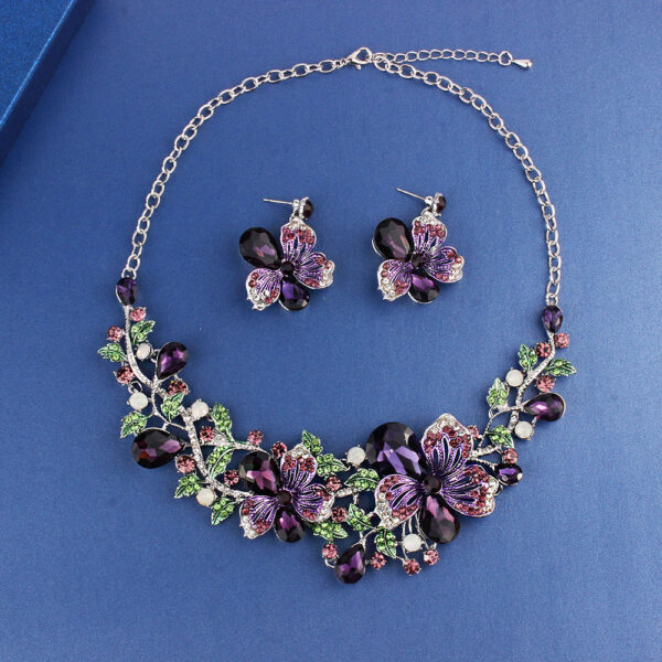 Necklace Exaggerated Colorful Flowers Full Of Diamond Crystal Necklace Earrings Jewelry Set - Image 4