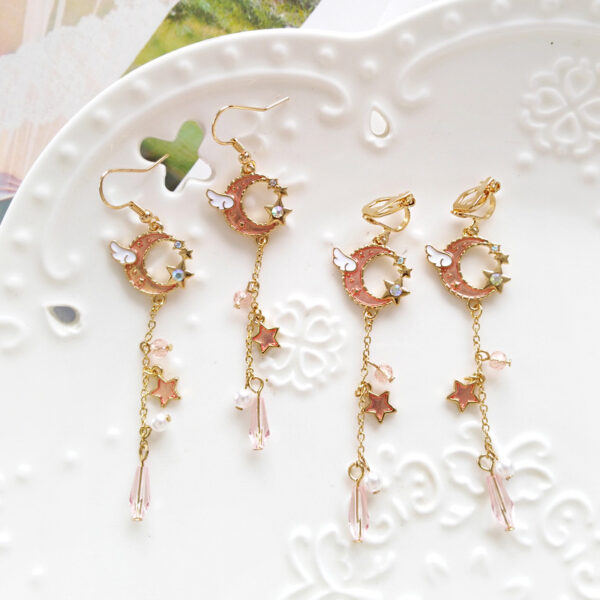 Angel Wings Moon Long Earrings Temperament Pearl Pentagonal - Image 2