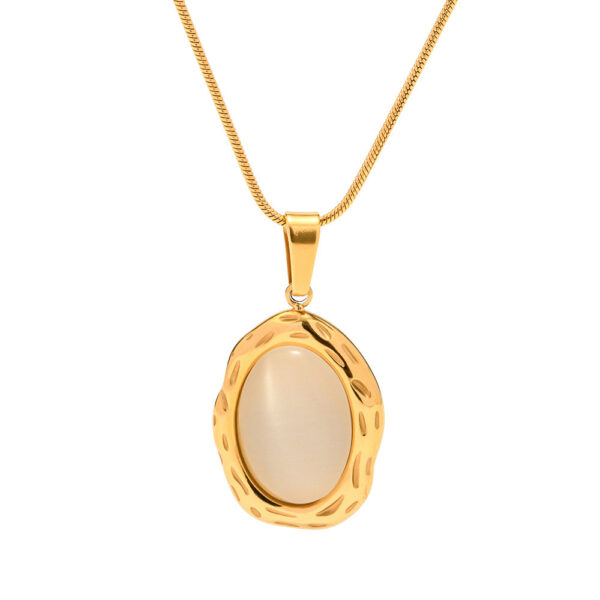 Luxury 18K Gold Plated Stainless Steel Oval Shape White Cat Eye Opal Stone Pendant Necklace - Image 5
