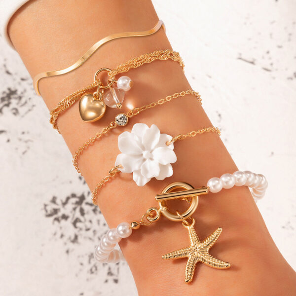 5 Piece Set White Flower Love Starfish Pendant Pearl Bracelet - Image 5