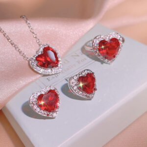 Garnet Ring Pendant Stud Earrings Three Piece Jewelry Set