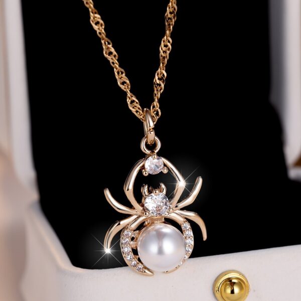 Champagne Gold Round White Diamond Pearl Spider Necklace - Image 4
