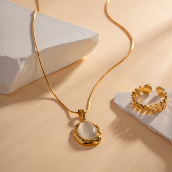Stainless Steel 18K Gold Plated Natural Stone Pendant Necklace - Image 2