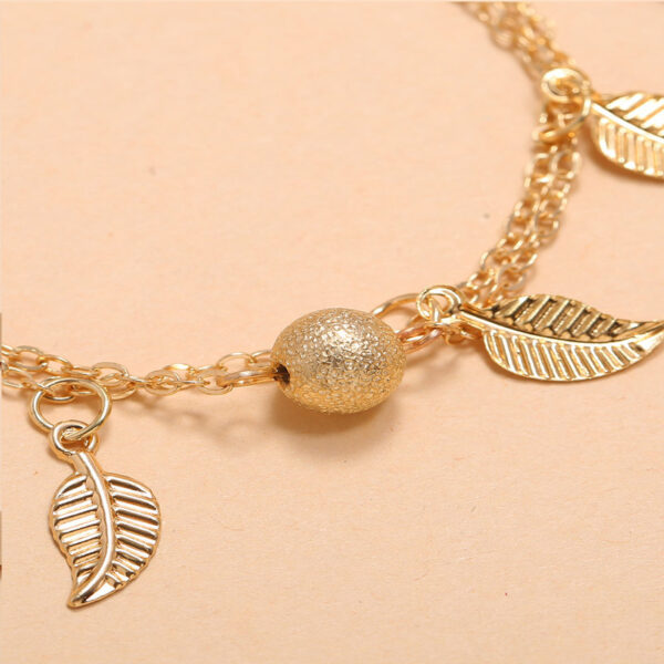 Gold Frosted Round Beads, Small Leaves And Tassel Feet With Double-Layer Anklets - Image 3