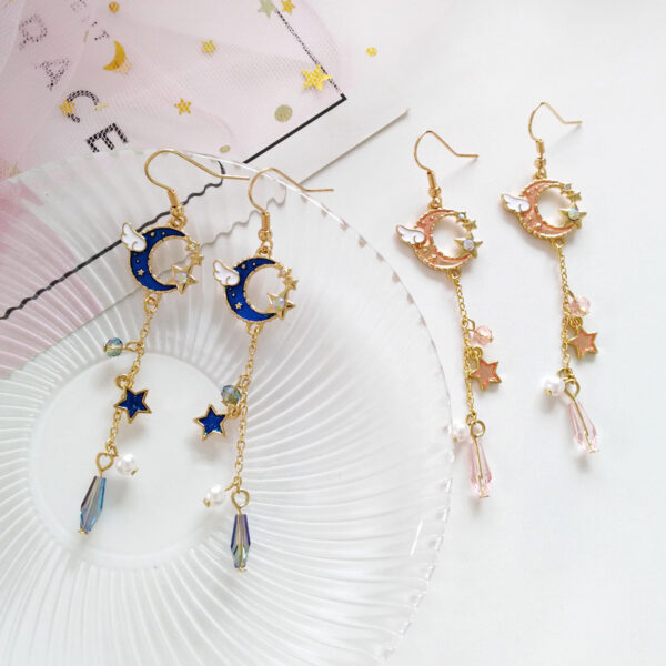 Angel Wings Moon Long Earrings Temperament Pearl Pentagonal - Image 5