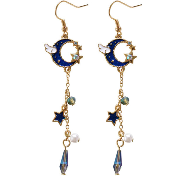Angel Wings Moon Long Earrings Temperament Pearl Pentagonal - Image 4
