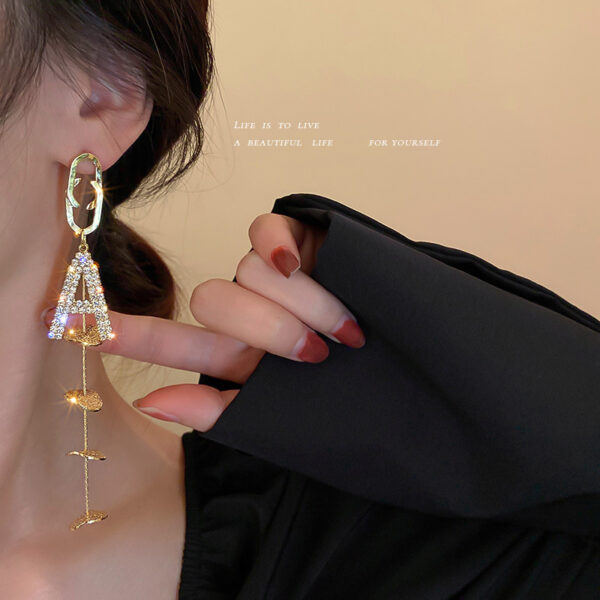 Silver Needle With Diamonds And Geometric Letters Tassel Earrings Long - Image 5
