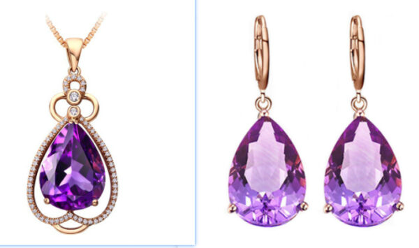 Quality Ear Hook Purple Gemstone Diamond Ring Rose Gold Collarbone Necklace Set - Image 4
