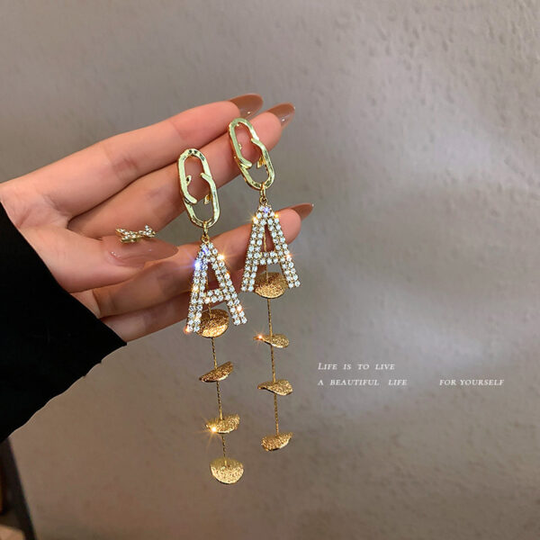 Silver Needle With Diamonds And Geometric Letters Tassel Earrings Long - Image 4