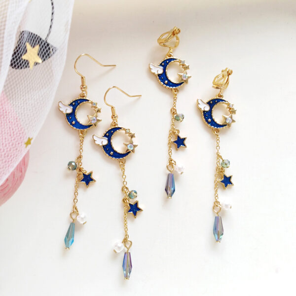 Angel Wings Moon Long Earrings Temperament Pearl Pentagonal - Image 3