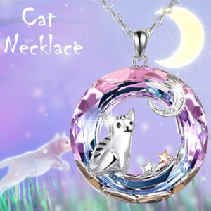 Creative Personality Colorful Crystal Cute Cat Moon XINGX Necklace
