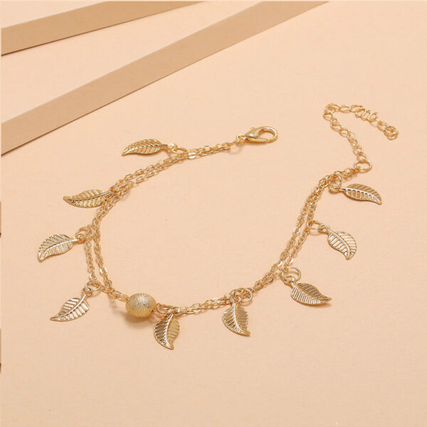 Gold Frosted Round Beads, Small Leaves And Tassel Feet With Double-Layer Anklets - Image 5