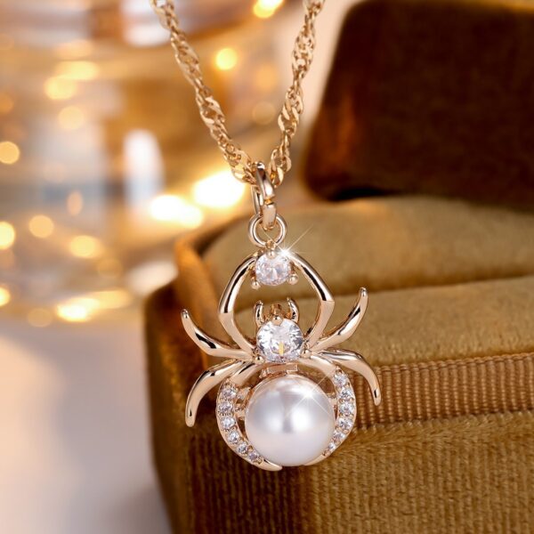 Champagne Gold Round White Diamond Pearl Spider Necklace - Image 6
