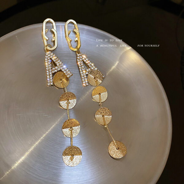 Silver Needle With Diamonds And Geometric Letters Tassel Earrings Long - Image 3