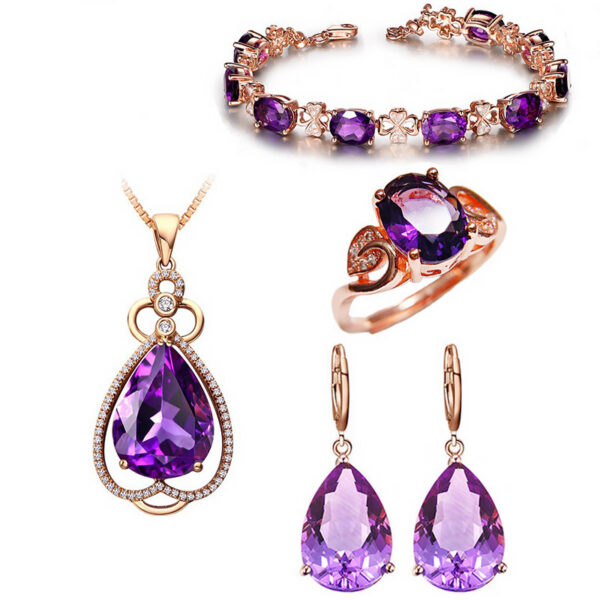 Quality Ear Hook Purple Gemstone Diamond Ring Rose Gold Collarbone Necklace Set - Image 8