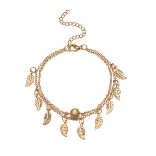 Gold Frosted Round Beads, Small Leaves And Tassel Feet With Double-Layer Anklets - Image 4