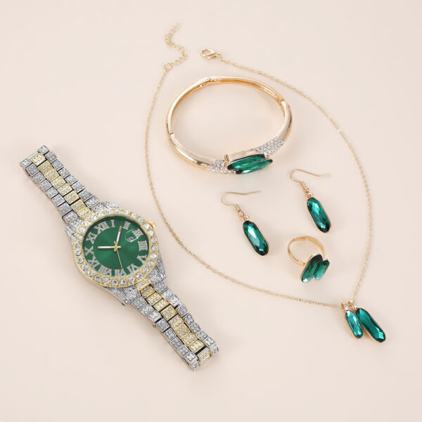 Green Steel Belt Quartz Watch Ring Necklace Earrings Suit - Image 7