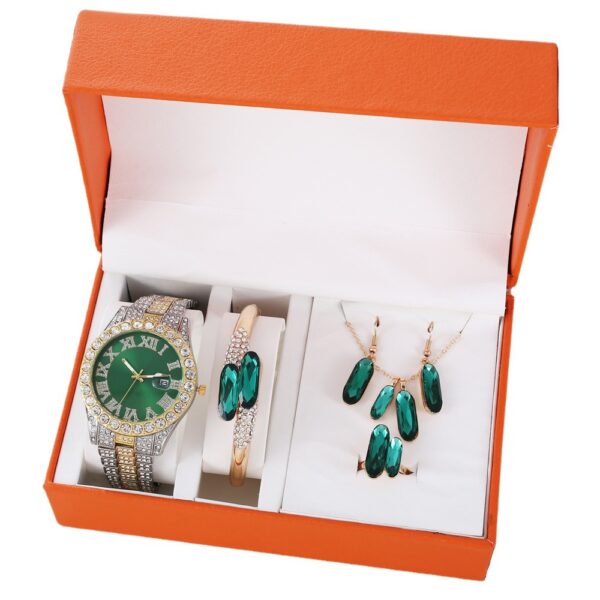 Green Steel Belt Quartz Watch Ring Necklace Earrings Suit - Image 3