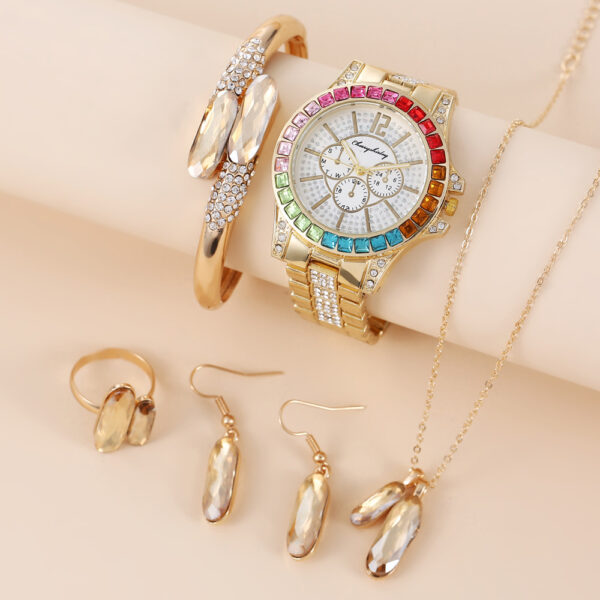 Green Steel Belt Quartz Watch Ring Necklace Earrings Suit - Image 6