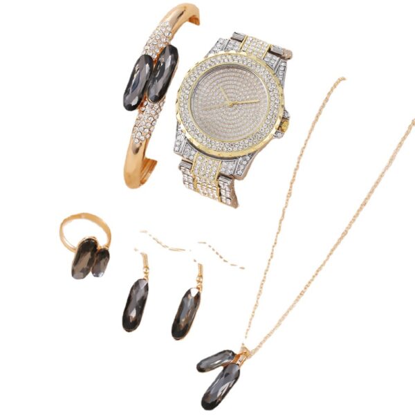 Green Steel Belt Quartz Watch Ring Necklace Earrings Suit - Image 8