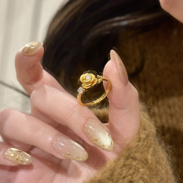 Gold Brushed Rose Shiny Diamond Ring Women's All-match High Sense Retro Affordable Luxury - Image 3