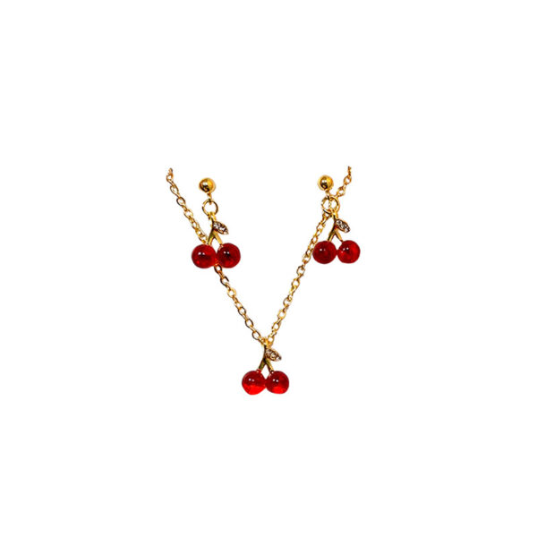 French Garnet Cherry Pendant Wine Red Ear Stud Necklace Suit Sweet - Image 3