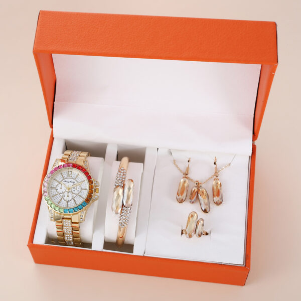 Green Steel Belt Quartz Watch Ring Necklace Earrings Suit - Image 5