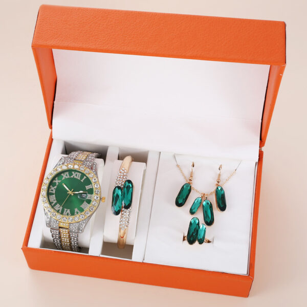 Green Steel Belt Quartz Watch Ring Necklace Earrings Suit - Image 4