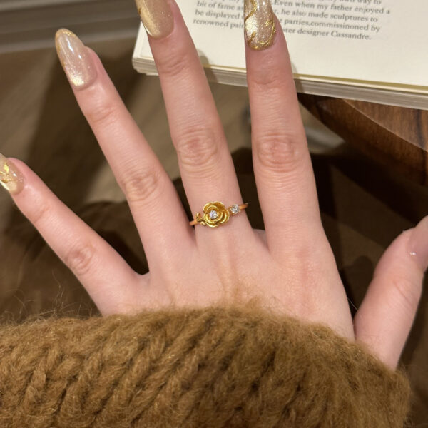 Gold Brushed Rose Shiny Diamond Ring Women's All-match High Sense Retro Affordable Luxury - Image 5