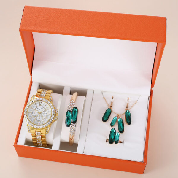 Green Steel Belt Quartz Watch Ring Necklace Earrings Suit - Image 2