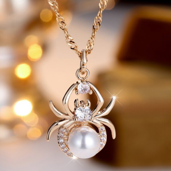 Champagne Gold Round White Diamond Pearl Spider Necklace - Image 5