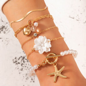 5 Piece Set White Flower Love Starfish Pendant Pearl Bracelet