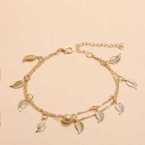 Gold Frosted Round Beads, Small Leaves And Tassel Feet With Double-Layer Anklets