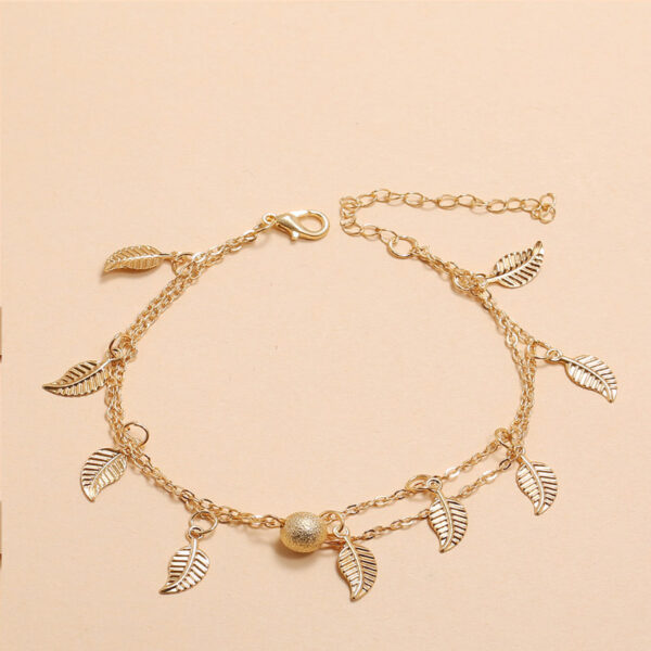 Gold Frosted Round Beads, Small Leaves And Tassel Feet With Double-Layer Anklets