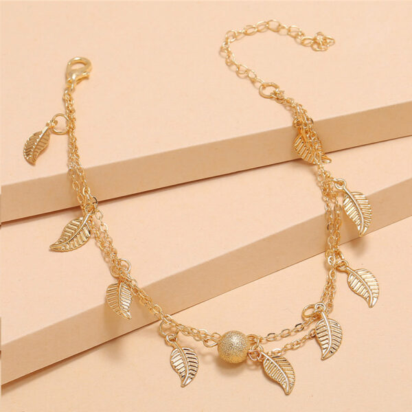 Gold Frosted Round Beads, Small Leaves And Tassel Feet With Double-Layer Anklets - Image 2