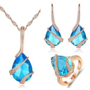 Three-piece Set Colored Gems Set Rings Necklace Earrings