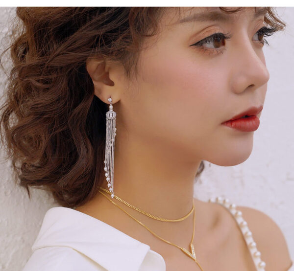 Long Tassel Crown Earrings Women's 925 Silver Needle - Image 3