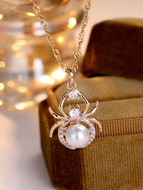 Champagne Gold Round White Diamond Pearl Spider Necklace - Image 2